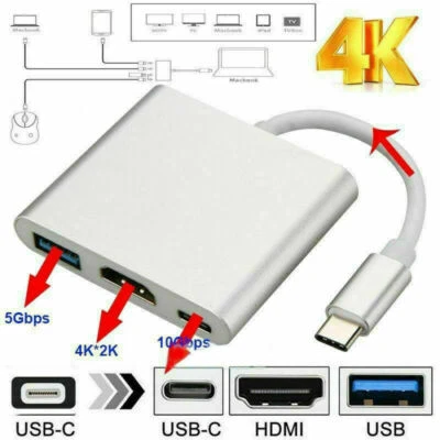 Type C USB 3.1 to USB-C 4K HDMI USB 3.0 Adapter Cable 3 in 1 Hub For Macbook Pro - Image 1 of 4