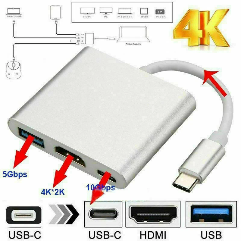 Type C USB 3.1 to USB-C 3.0 4K HDMI Adapter Cable 3 in 1 For Android LG Samsung - Image 1 of 4
