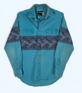 Vintage Wrangler Brushpopper Size 15.5 34 Medium Blue Aztec Western Print Shirt - Picture 1 of 9