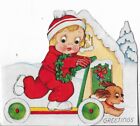 Used Vtg Christmas Card-approx 4x3.5" Die Cut Girl on Scooter Puppy & House