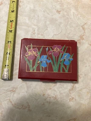 Vtg Burgandy Flower Lacquer Tissue Case w/Make-up Mirror 4"x 3" travel Purse - Image 1 of 4
