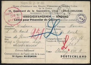 BELGIUM 1940 PRISONER OF WAR CARD SENT FROM GRIVEGNEE TO CAMP STALAG VIII IN - Picture 1 of 2