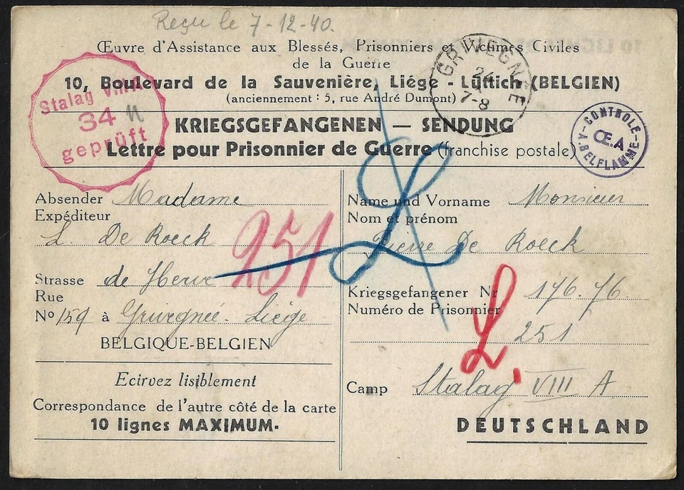 BELGIUM 1940 PRISONER OF WAR CARD SENT FROM GRIVEGNEE TO CAMP STALAG VIII IN - Image 1 of 2