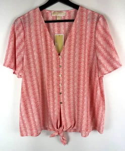 NEW Michael Kors Coral Peach Wavy Stripe Button V-Neck Flutter Sleeve Top Medium - Picture 1 of 13