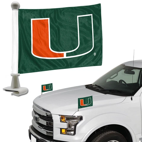 Miami Hurricanes Set of 2 Ambassador Style Car Flags - Trunk Hood Cover