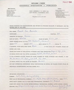 RON ROENICKE 1986 FIRMATO STAMPATO QUESTIONARIO BASEBALL PRE MLB - Foto 1 di 2