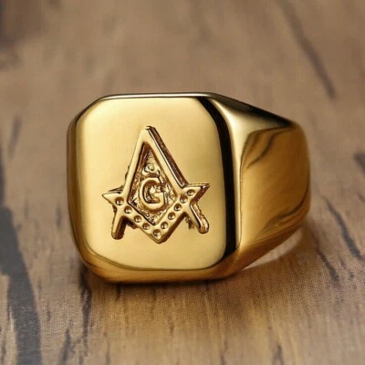 Men's Gold Plated Masonic AG Signet Ring Stainless Steel Freemason Biker Ring - Image 1 of 4