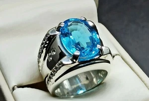 Anello uomo topazio blu fresco taglio ovale 16 carati argento sterling 925 topazio fatto a mano - Foto 1 di 12
