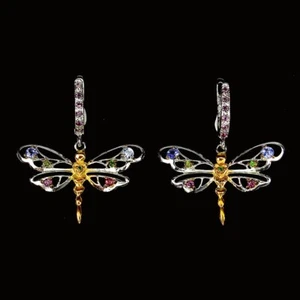 TANZANITE, RHODOLITE & DIOPSIDE DRAGONFLY EARRINGS .925 STERLING SILVER 14K WGP - Picture 1 of 3