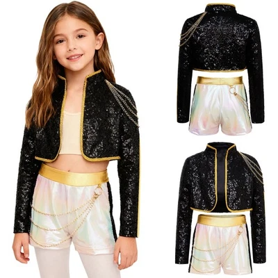 Kids Demon Cosplay Singer Dance Outfit Themed Wear Sequins Outer Wear Shorts Set