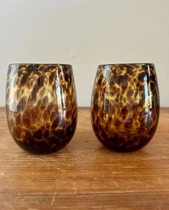 2 Tortoiseshell Hand Blown Art Glass Wine Tumbler Studio Glass Amber Brown 4.5” - Picture 1 of 7