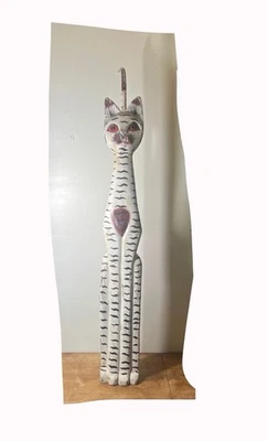 AS IS-HUGE 44” Tall Antique Hand carved Wooden Cat Statue Creepy Cute Home Decor - Image 1 of 4