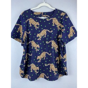 Maeve Sz L Navy Blue Big Cat Leopard Graphic Round Bottom Top-READ - Picture 1 of 11
