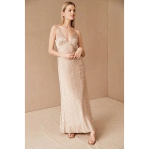 Jenny Yoo NWT Women's Beige Gabriella Plunge Bodice Sleeveless Maxi Dress Size 6 - Picture 1 of 11