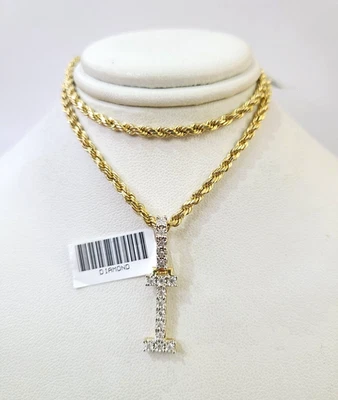 Juego de collar colgante cadena cuerda 10k I diamante inicial dije 2 mm oro 18"-24" Foto 1 de 4