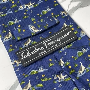 Salvatore Ferragamo All Over Dog Pattern 100% Silk Tie Blue Made In Italy - Picture 1 of 8