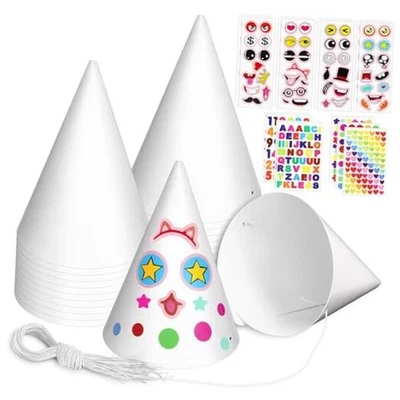 Pack de 24 sombreros blancos de fiesta con pegatinas, paquete de 24 sombreros blancos y pegatinas de cumpleaños Foto 1 de 4