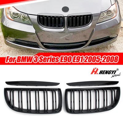 Pair Gloss Black Double Slat Sport Kidney Grille Grill For BMW E90 E91 05-08 - image 1 of 4
