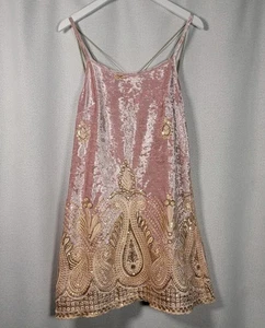 NEW Free People Lenni Malu Pink Velvet Gold Embellished Mini Dress Boho Size S - Picture 1 of 9
