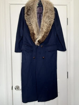 JILL JR Vintage Navy Wool Fox Fur Collar Coat SMALL-MEDIUM maxi union 60-70s - Image 1 of 4