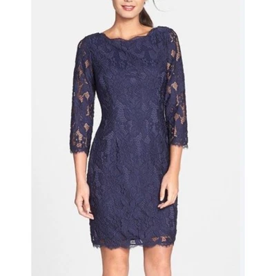 Adrianna Papell Navy Lace Sheath Dress classic elegant lace party festive boho - Image 1 of 4