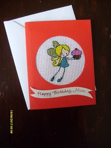 Hand Made completed cross stitch small red card - Happy Birthday Mum - Picture 1 of 2