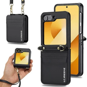 For Samsung Z Flip 4 3 5 6 Crossbody Strap Leather Zipper Wallet Card Case Cover - Picture 1 of 85