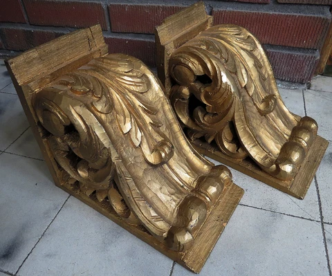 Old Pair wood hand carved corbel bracket Antique french architectural salvage Cover