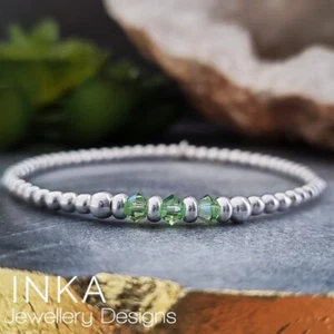 Inka Sterling Silver 925 Stretch 3mm bead bracelet AUGUST Peridot Swarovski - Picture 1 of 8