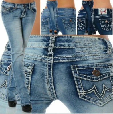 Damen Jeans Hose Hüftjeans Stretch Dicke Naht Gerader Schnitt Bootcut Hüfthose - - Bild 1 von 4