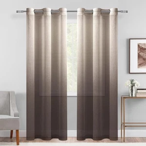 Ombre Sheer Curtains - Faux Linen Gradient Semi Voile Grommet Top Drapes Bedr... - Picture 1 of 8