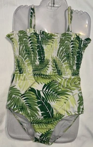 Janie And Jack Girl Size 14 Green Palm 1 Piece Swimsuit Smocked Bodice Euc - Picture 1 of 6