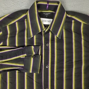 Ted Baker London Shirt Mens Size 2 Black Yellow Striped Button Up Long Sleeve * - Picture 1 of 8