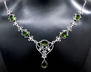 Collar de plata de ley 925 con piedras preciosas de peridoto verde hecho a mano talla 17-18 - Imagen 1 de 9