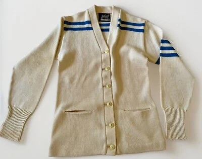 Chaqueta Suéter Vintage Letterman’s WHITING 38 Cárdigan Azul Crema Rayas EE. UU. Foto 1 de 4