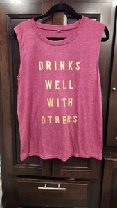 Womens Burgundy Drinks Well With Others T-shirts Size XL Gold Letters - Picture 1 of 9
