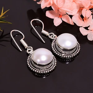 Biwa-See Perle Vintage Handmade Jewelry.925 Versilbert Ohrringe 1.5 " Act-6684 - Bild 1 von 6