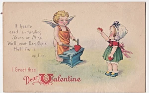 c1920s Children's Valentine Postcard Smithy mends Broken Heart - Picture 1 of 2