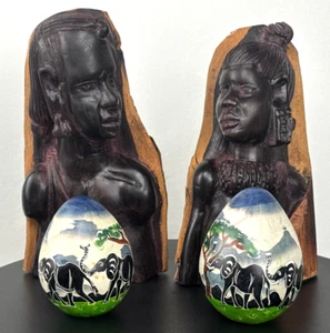 Pair of Kenyan, Burst Wood Ebony Carved Busts or Handpainted Stone Eggs - Picture 1 of 26