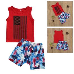 Toddler Kids Boys Independence Day Vest Tops American Flag Flared Shorts Set - Picture 1 of 12