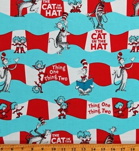 Cotton Dr. Seuss The Cat in the Hat Aqua Stripe Fabric Print by the Yard D659.66 - Picture 1 of 1