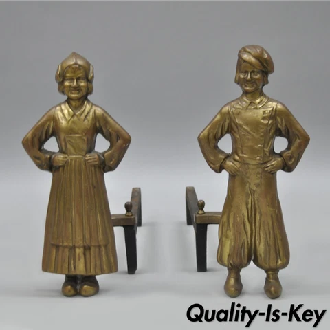 Antique Sheffield Dutch Boy and Girl Bronze & Cast Iron Pair Andirons Fireplace Cover