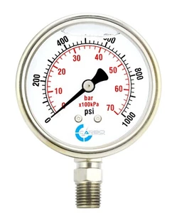 2" Pressure Gauge, Stainless Steel Case, Liquid Filled, Lower Mnt, 1000 PSI - Picture 1 of 4