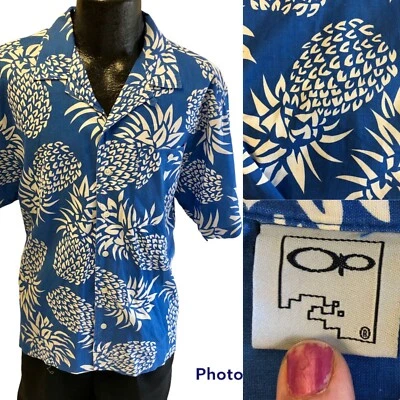 Camisa de surfista havaiana vintage anos 80 Ocean Pacific OP masculina azul abacaxi colarinho laço M - Imagem 1 de 4