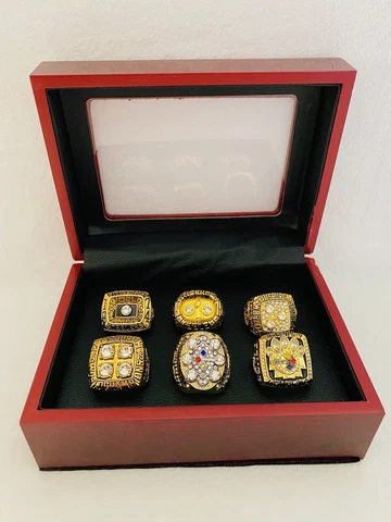 6 PCS Pittsburgh Steelers Ring SB Championship Complete SET W Box, USA SHIP Cover