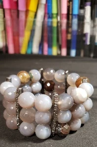 Chico's Stretch 3-Layer Bracelet,Blue Quartz Round Stones,Hematite/Rhinestones - Picture 1 of 3