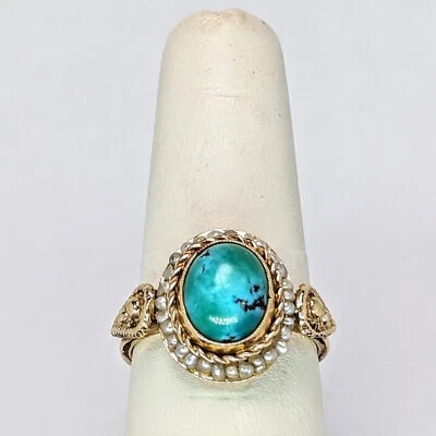 14K Gold Ring with Turquoise & Pearl Stones   Size 8 - Image 1 of 4