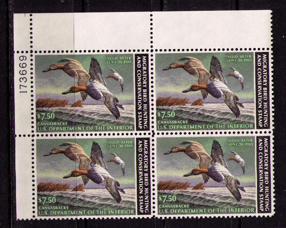 US USA Sc# RW49 MNH FVF PLATE# BLOCK Canvasback Ducks - Image 1 of 1