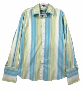 Roar Blue Green White Stripe Long Sleeve Shirt Mens L /46 - Picture 1 of 7