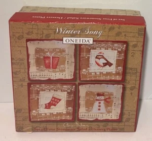Oneida Winter Song Set Of 4 Salad Or Dessert Plates 8” Boxed Red Music Notes NEW - Picture 1 of 3